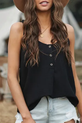 Black Casual Button Textured Cotton Tank Top – The Perfect Mix of Comfort & Edge