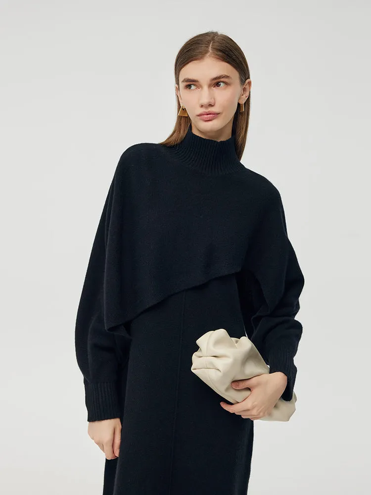 100% Wool Turtleneck Cloak And Dress Two-Piece Set