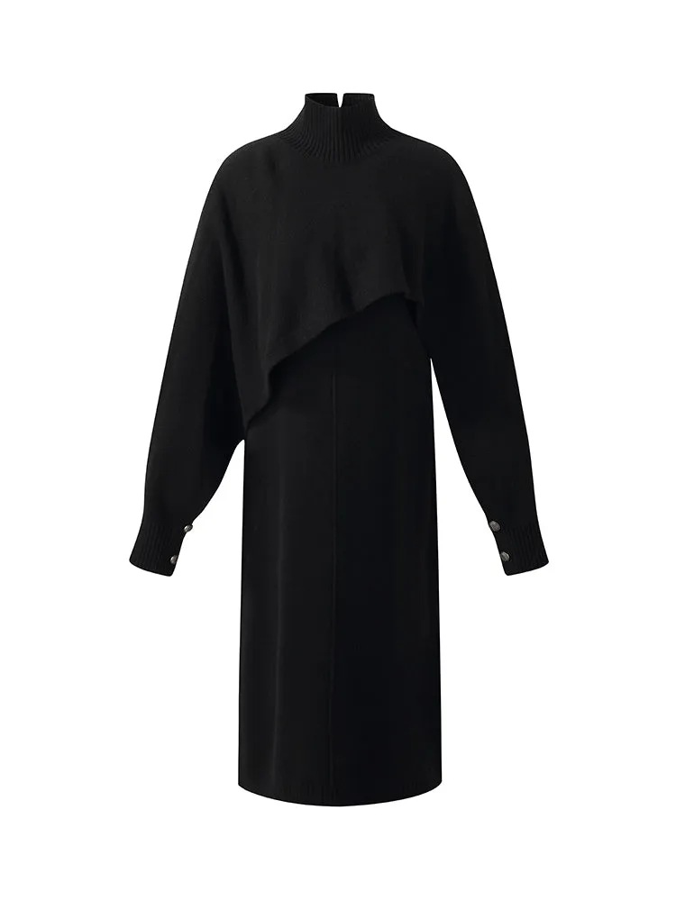 100% Wool Turtleneck Cloak And Dress Two-Piece Set