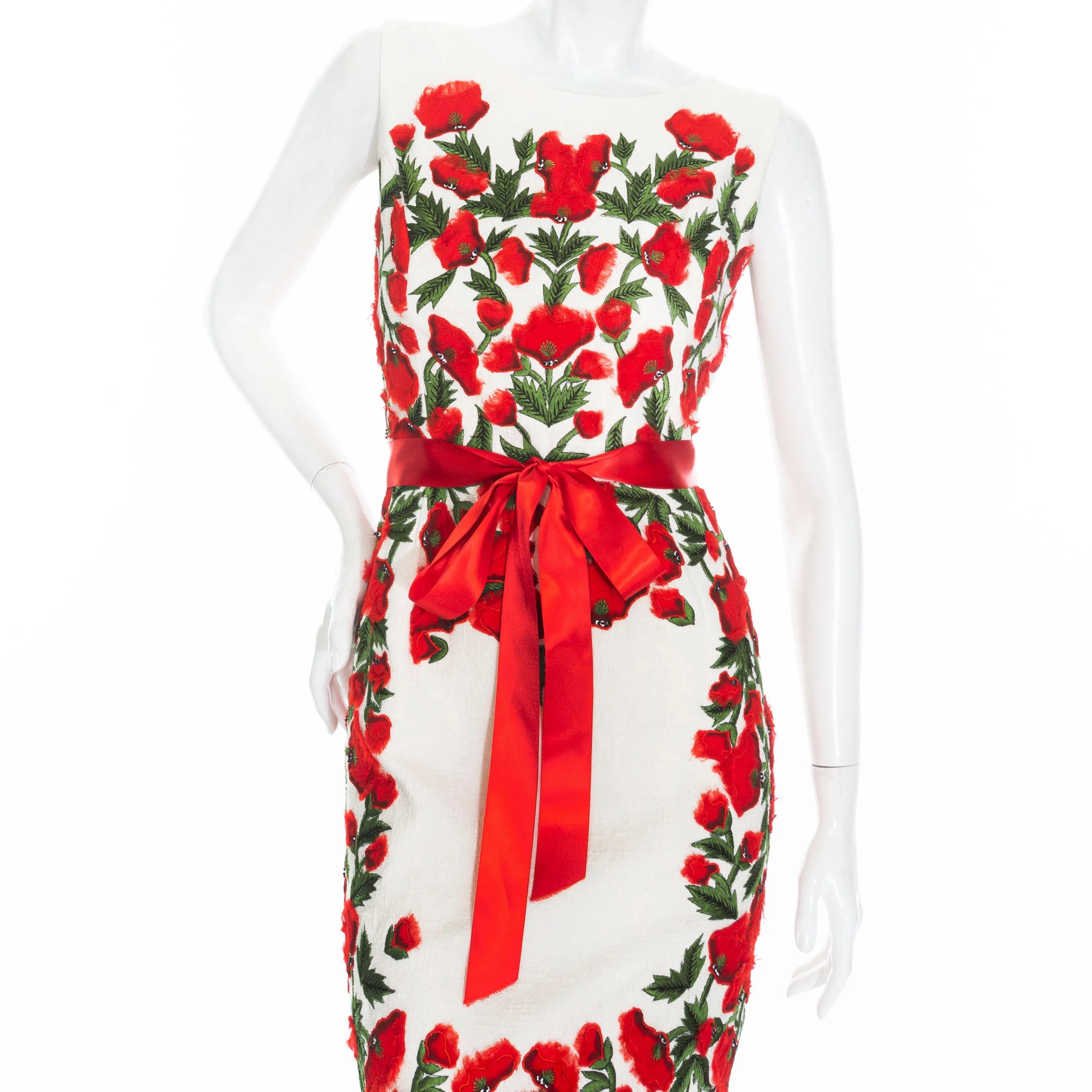 2012 White and Red Cotton Poppy Embroidered Sheath Dress