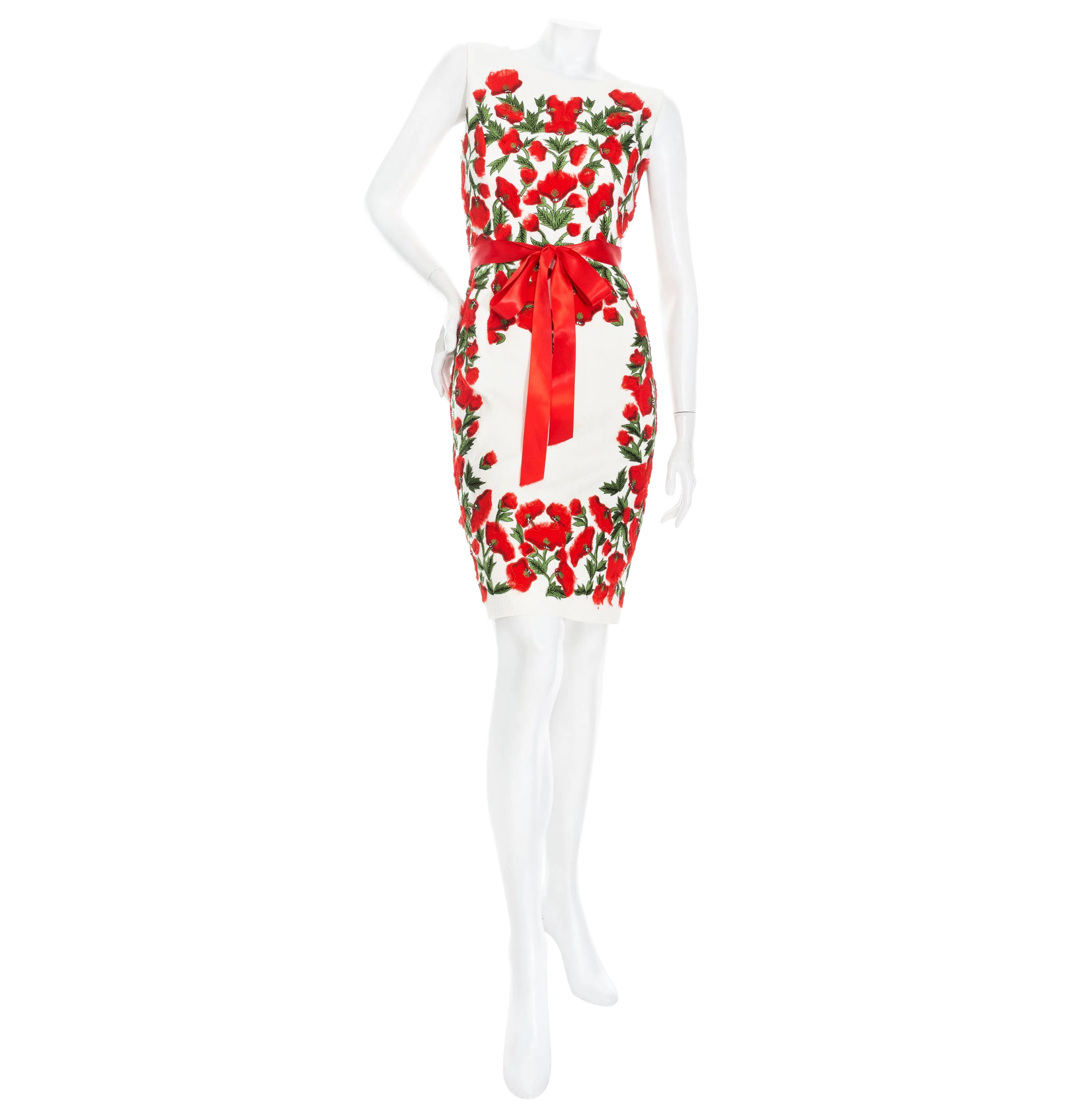 2012 White and Red Cotton Poppy Embroidered Sheath Dress