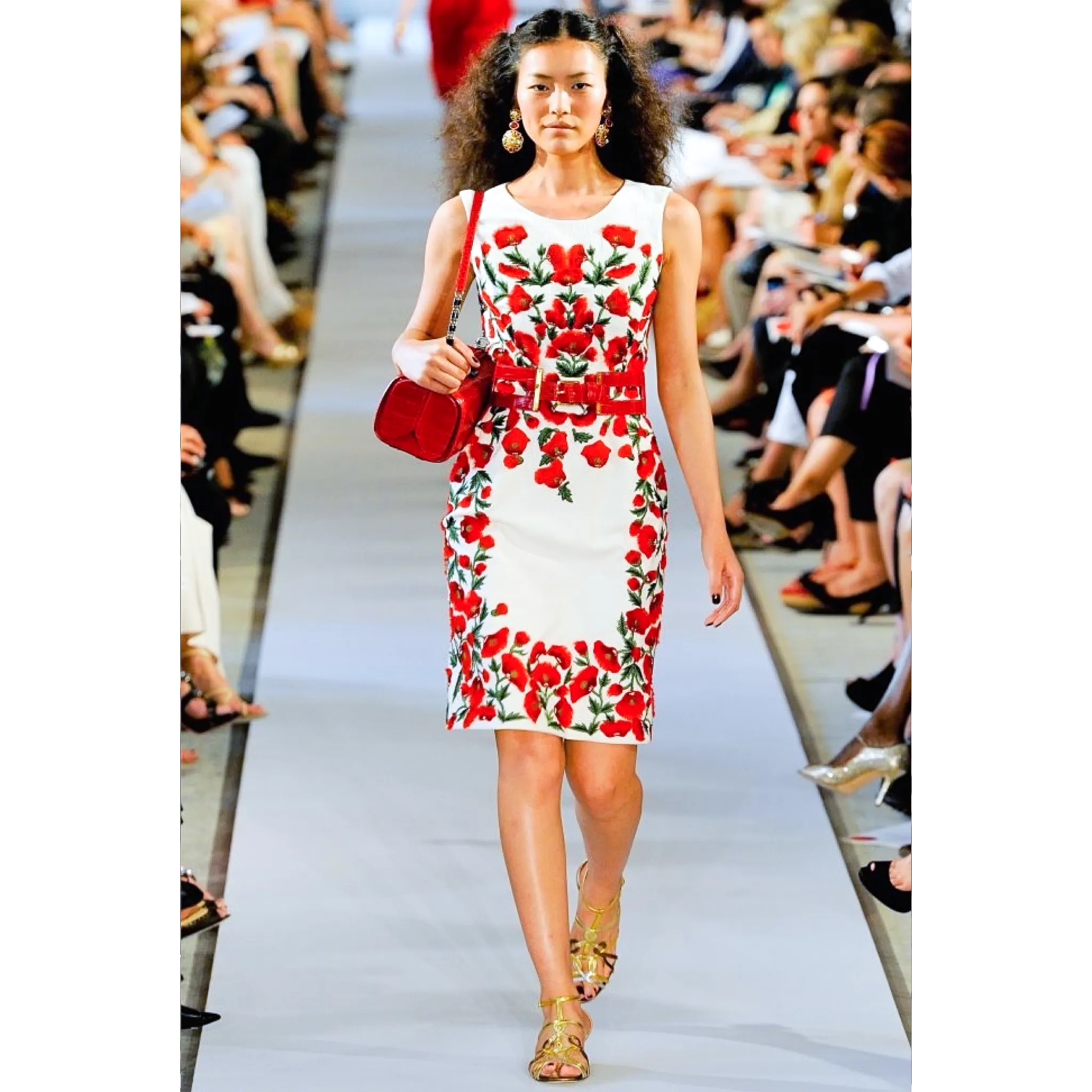 2012 White and Red Cotton Poppy Embroidered Sheath Dress