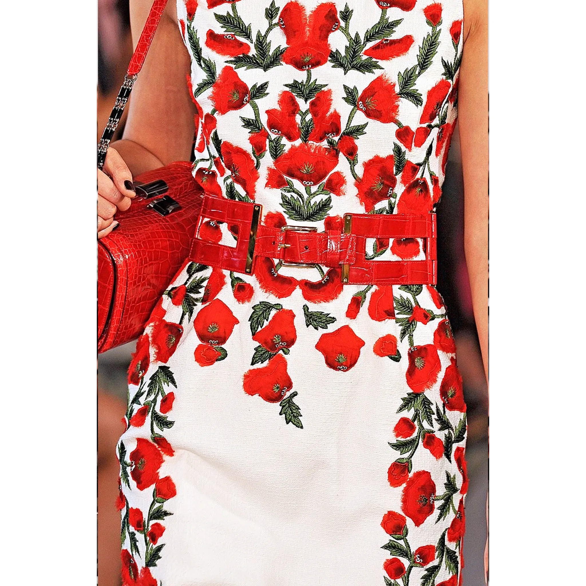 2012 White and Red Cotton Poppy Embroidered Sheath Dress