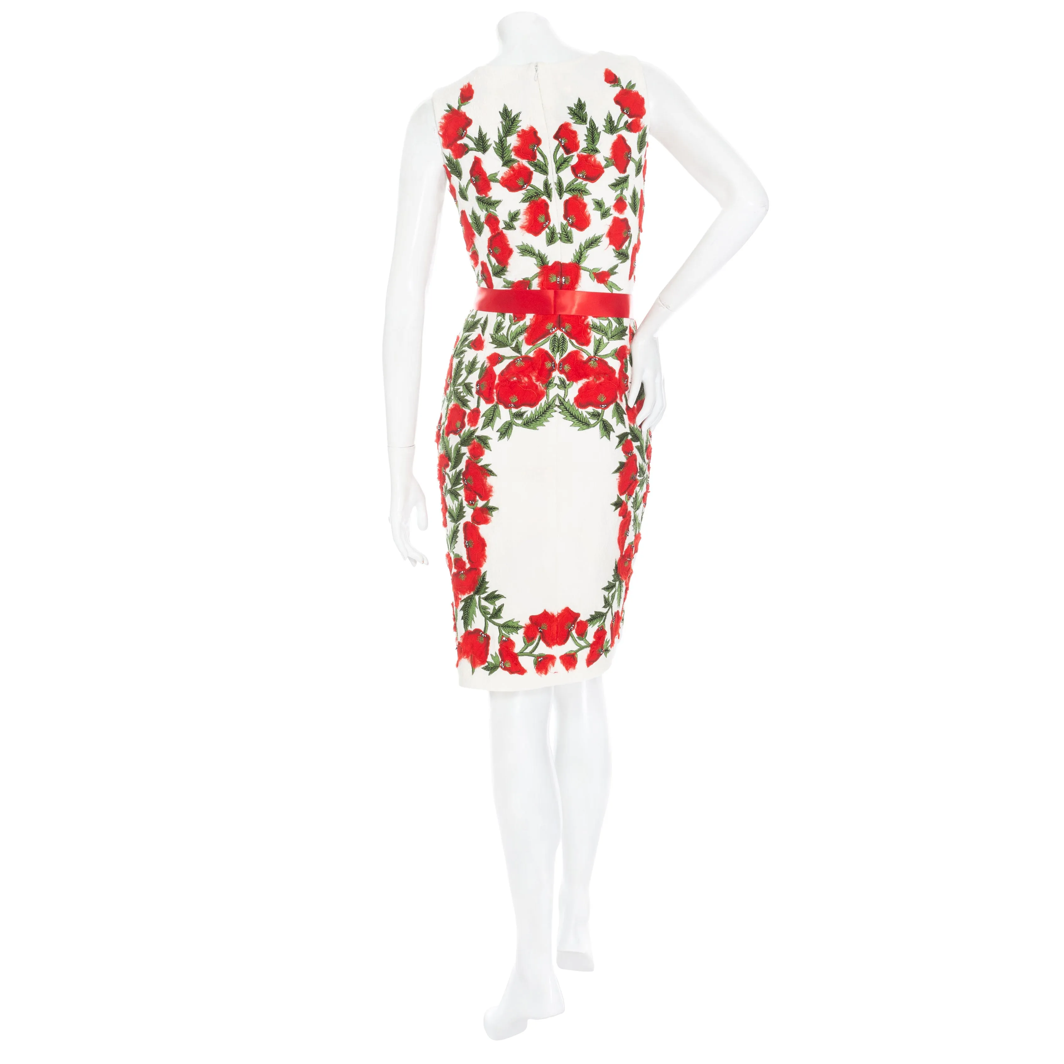 2012 White and Red Cotton Poppy Embroidered Sheath Dress