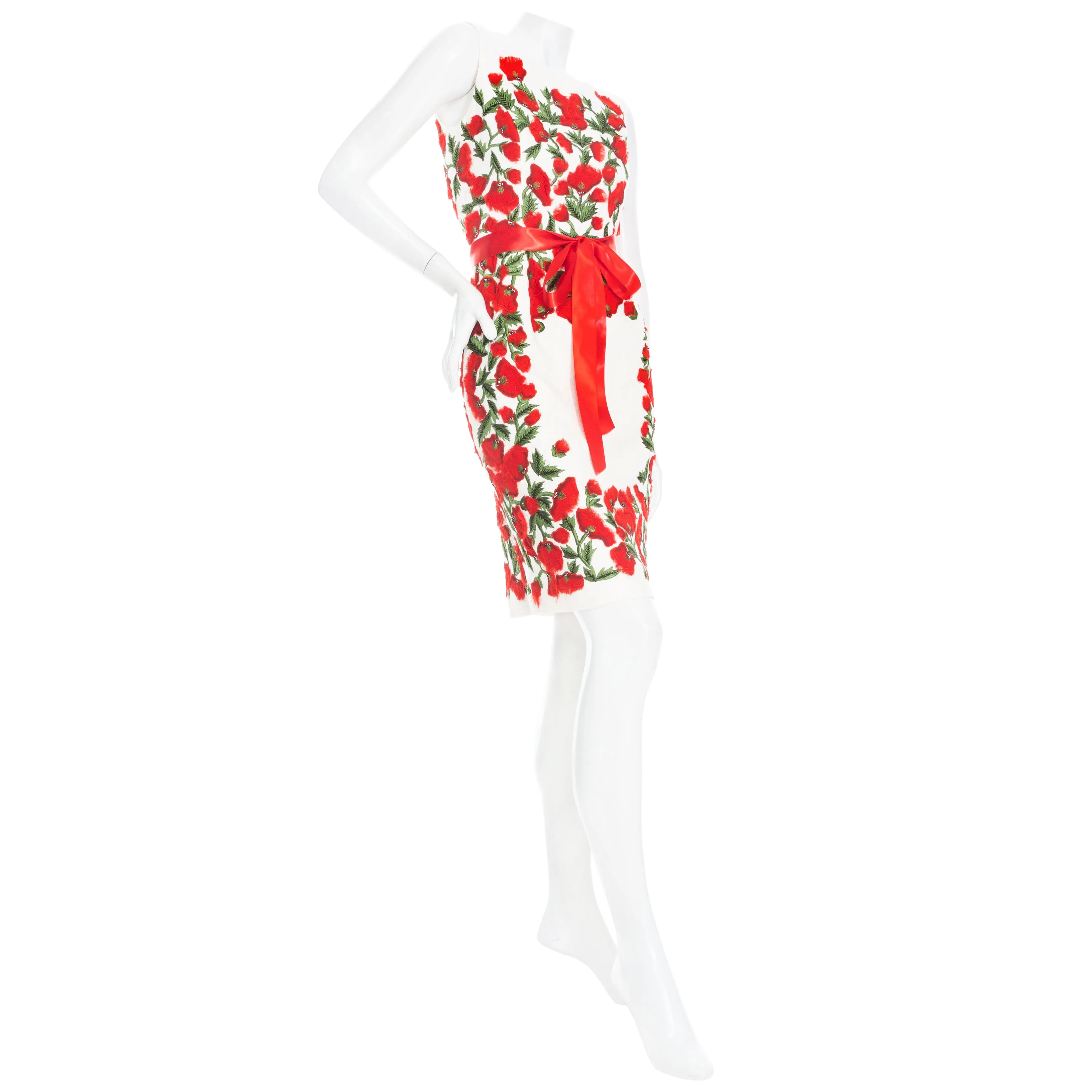 2012 White and Red Cotton Poppy Embroidered Sheath Dress