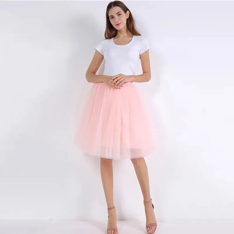 5 Layers 60cm Princess Midi Tulle Skirt Pleated Dance Tutu Skirts Womens Lolita Petticoat Jupe Saia faldas Denim Party Skirts