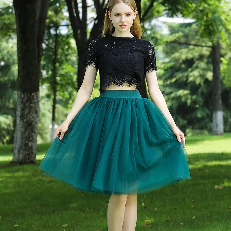 5 Layers 60cm Princess Midi Tulle Skirt Pleated Dance Tutu Skirts Womens Lolita Petticoat Jupe Saia faldas Denim Party Skirts