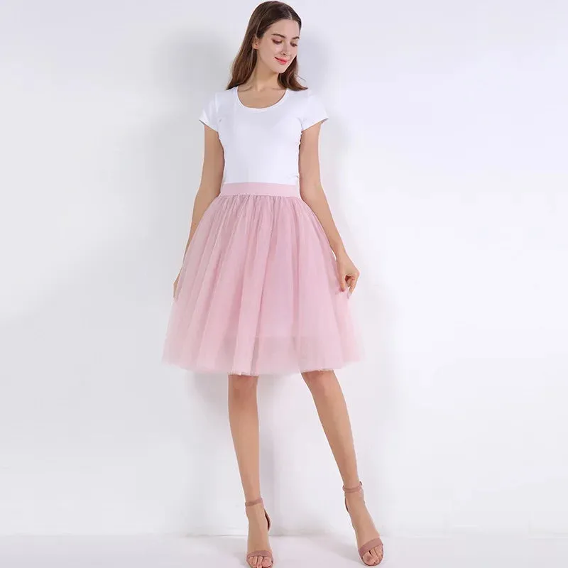 5 Layers 60cm Princess Midi Tulle Skirt Pleated Dance Tutu Skirts Womens Lolita Petticoat Jupe Saia faldas Denim Party Skirts