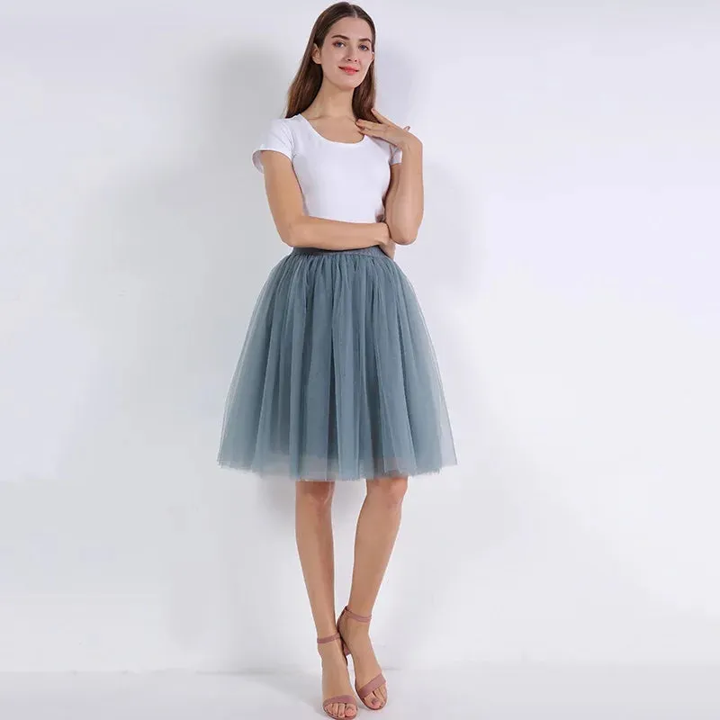 5 Layers 60cm Princess Midi Tulle Skirt Pleated Dance Tutu Skirts Womens Lolita Petticoat Jupe Saia faldas Denim Party Skirts