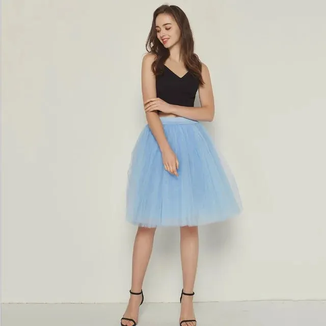 5 Layers 60cm Princess Midi Tulle Skirt Pleated Dance Tutu Skirts Womens Lolita Petticoat Jupe Saia faldas Denim Party Skirts