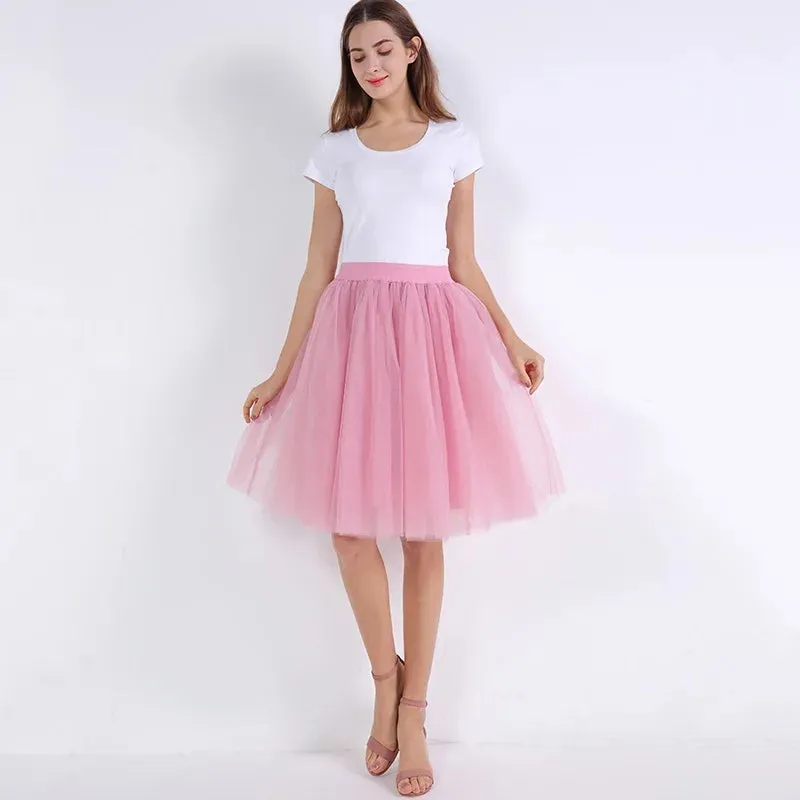 5 Layers 60cm Princess Midi Tulle Skirt Pleated Dance Tutu Skirts Womens Lolita Petticoat Jupe Saia faldas Denim Party Skirts