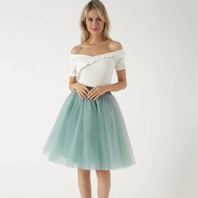 5 Layers 60cm Princess Midi Tulle Skirt Pleated Dance Tutu Skirts Womens Lolita Petticoat Jupe Saia faldas Denim Party Skirts