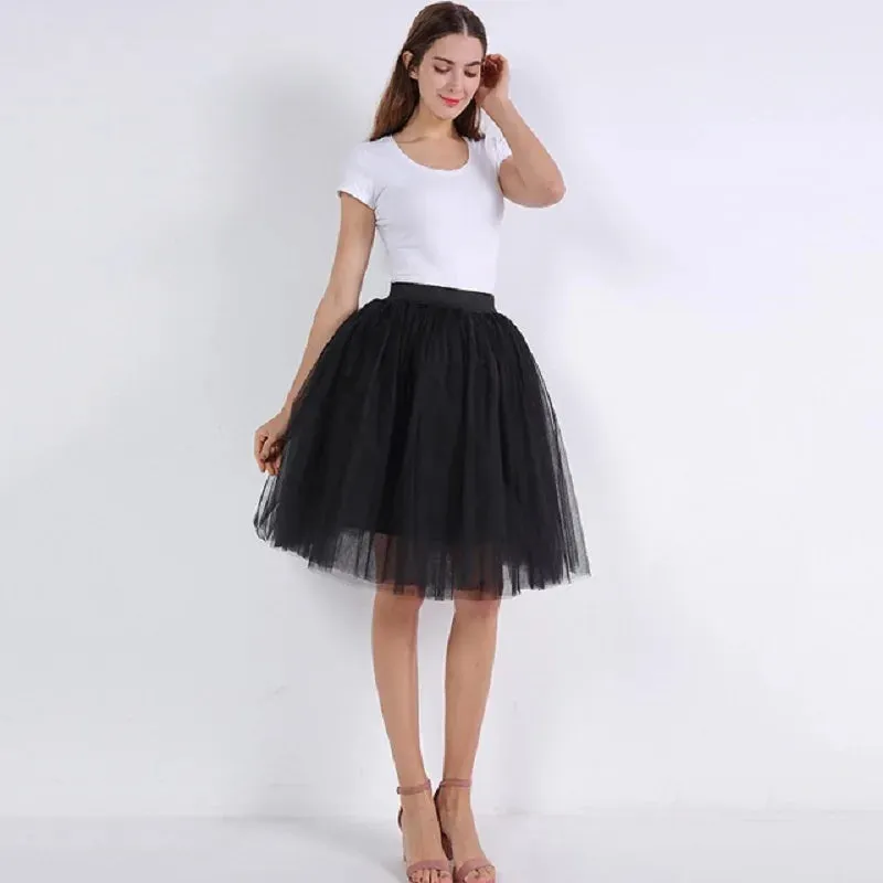 5 Layers 60cm Princess Midi Tulle Skirt Pleated Dance Tutu Skirts Womens Lolita Petticoat Jupe Saia faldas Denim Party Skirts