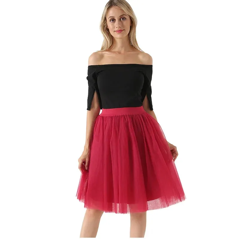 5 Layers 60cm Princess Midi Tulle Skirt Pleated Dance Tutu Skirts Womens Lolita Petticoat Jupe Saia faldas Denim Party Skirts