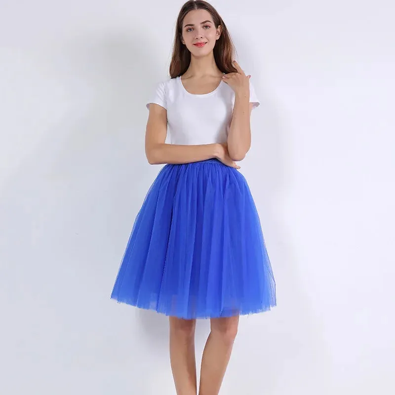 5 Layers 60cm Princess Midi Tulle Skirt Pleated Dance Tutu Skirts Womens Lolita Petticoat Jupe Saia faldas Denim Party Skirts