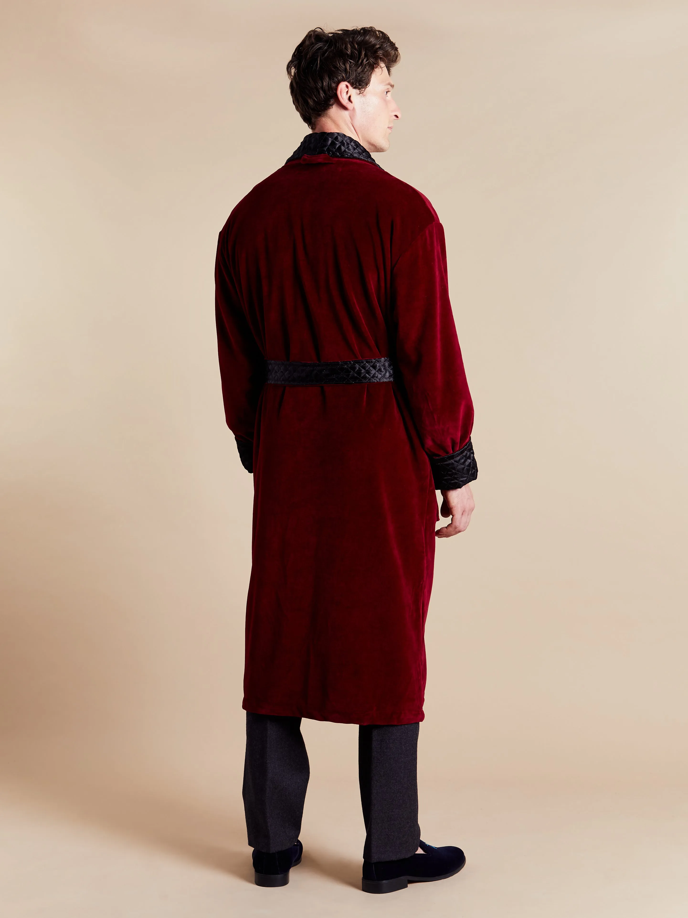 Astor Luxury Cotton Long Velvet Smoking Jacket in Burgundy