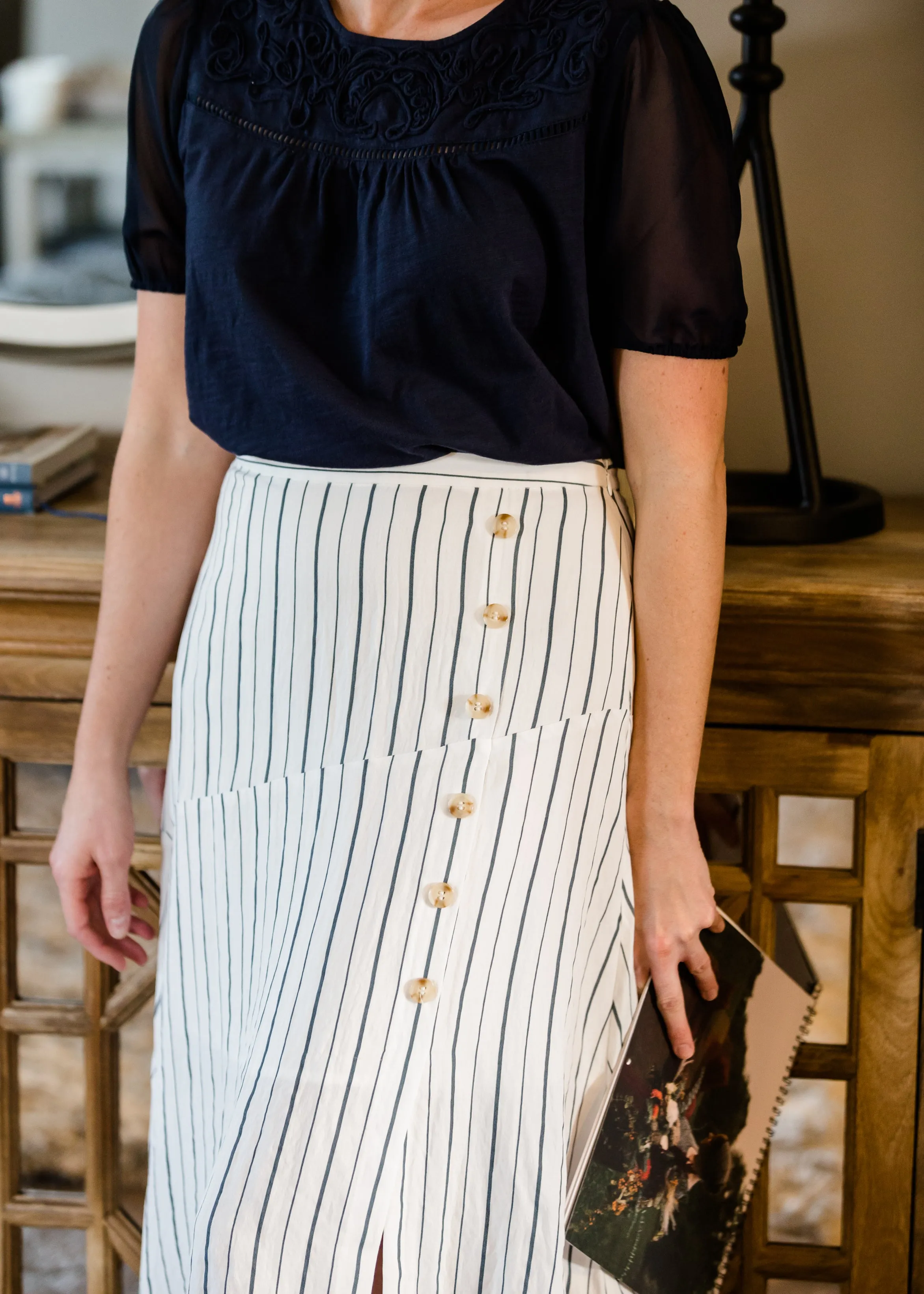 Asymmetrical Button Detail Stripe Midi Skirt