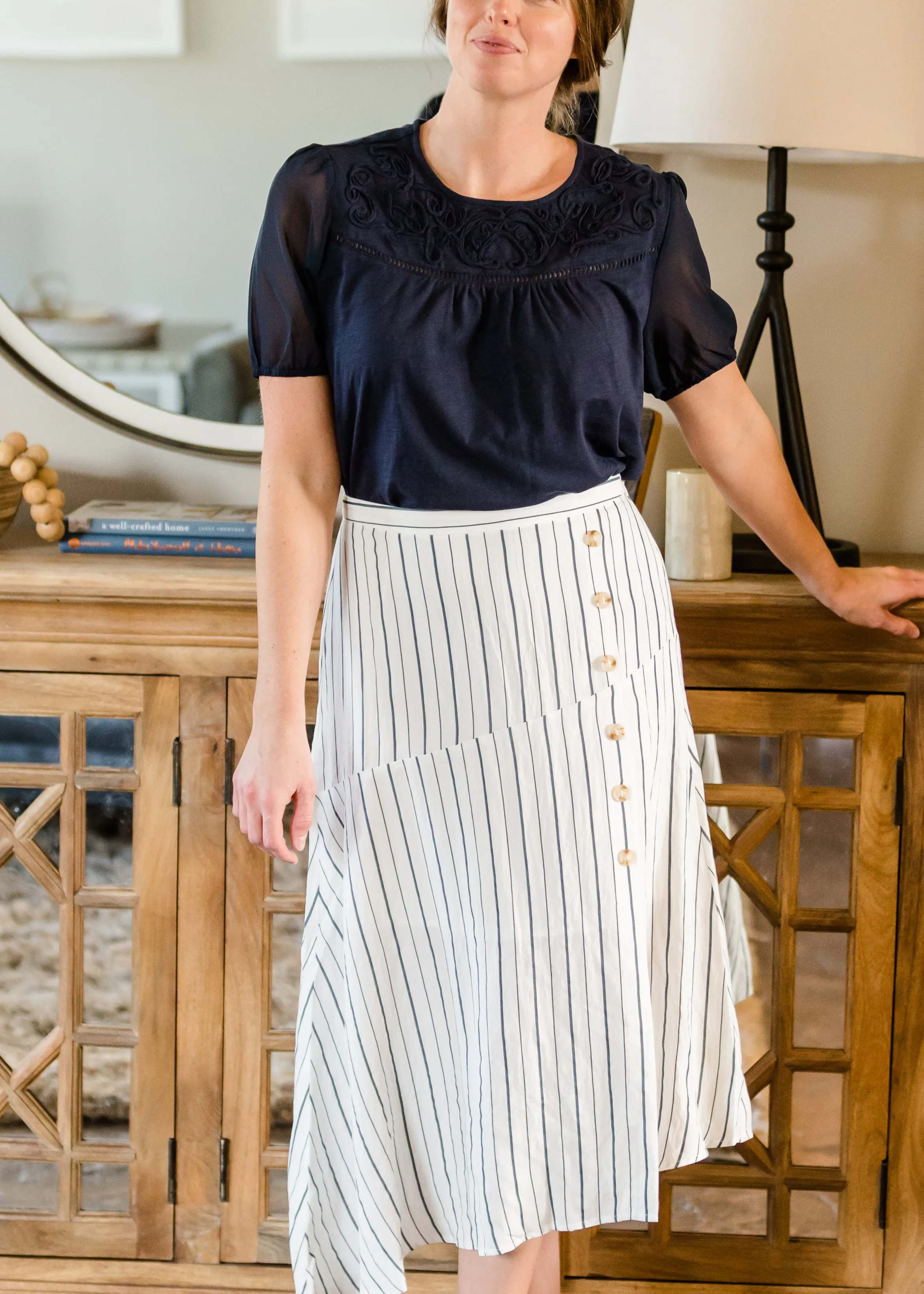 Asymmetrical Button Detail Stripe Midi Skirt