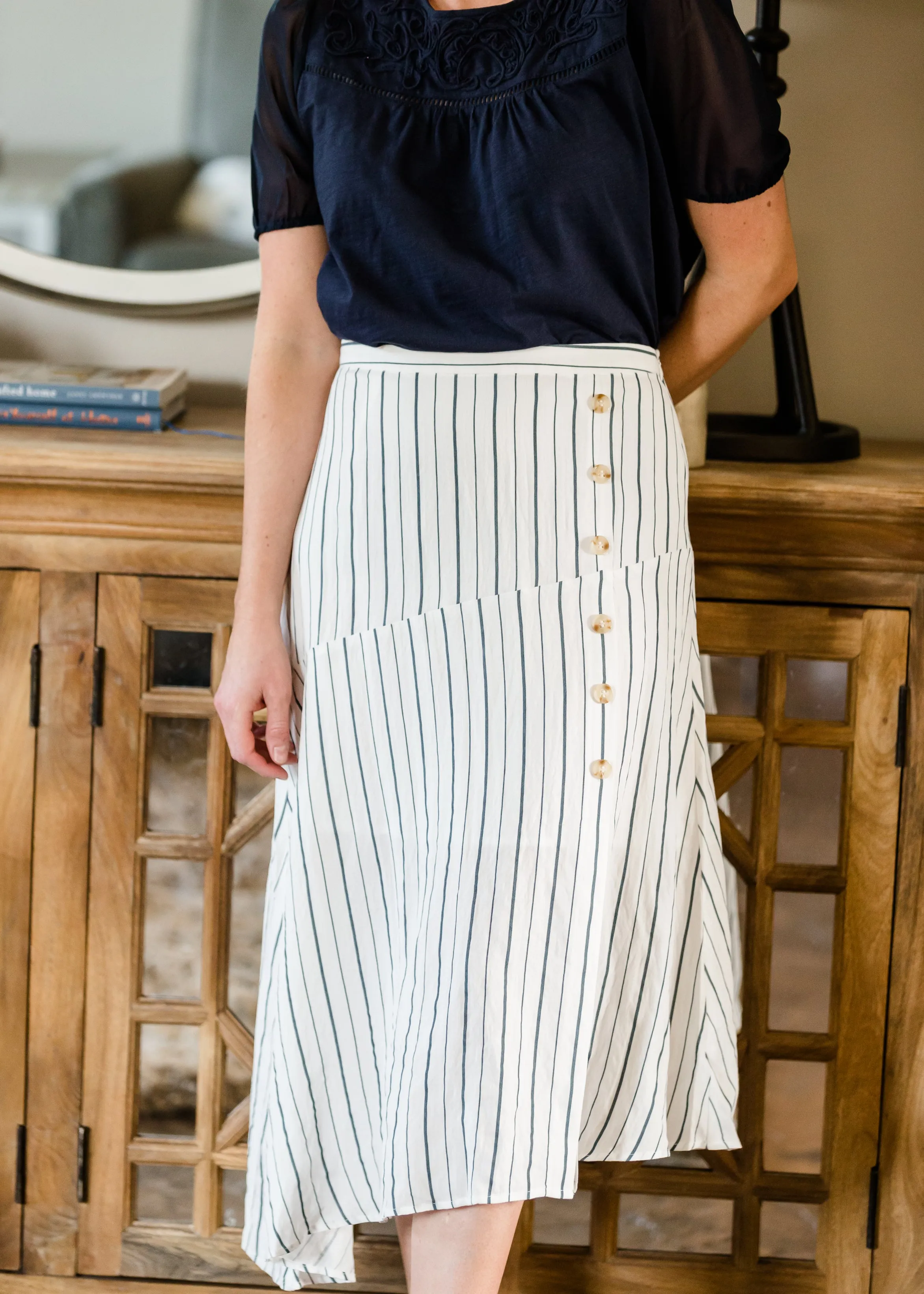 Asymmetrical Button Detail Stripe Midi Skirt