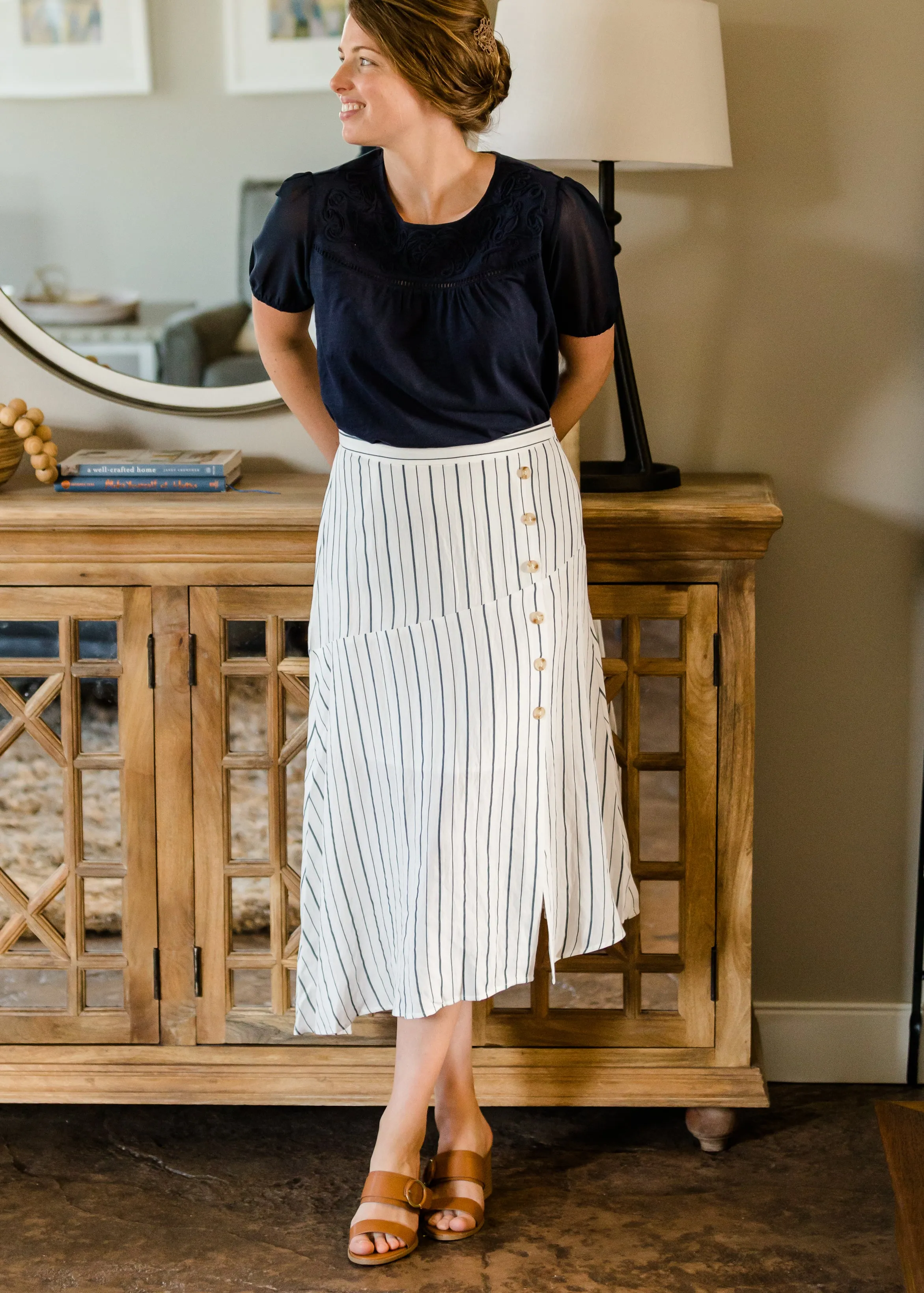 Asymmetrical Button Detail Stripe Midi Skirt