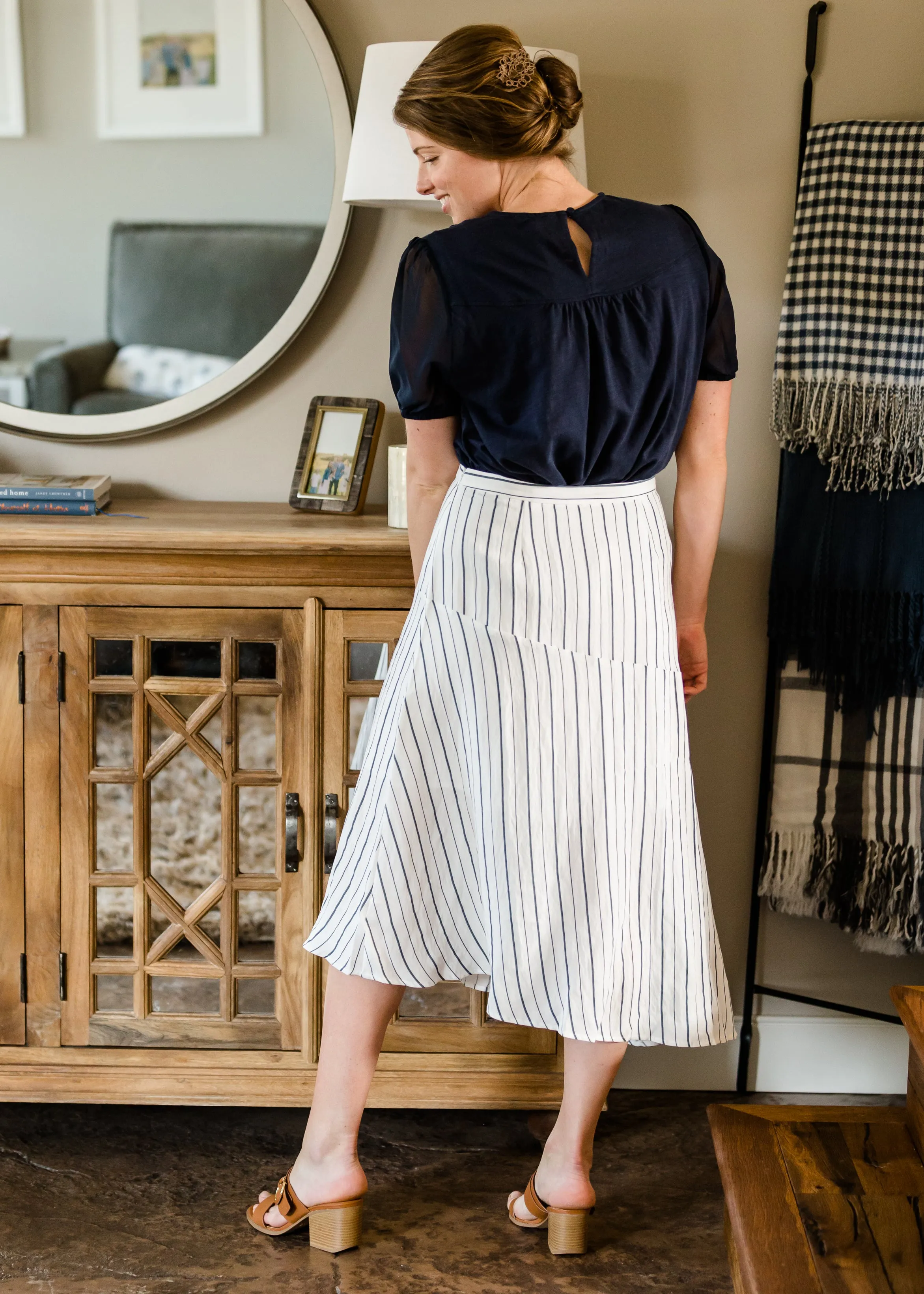 Asymmetrical Button Detail Stripe Midi Skirt