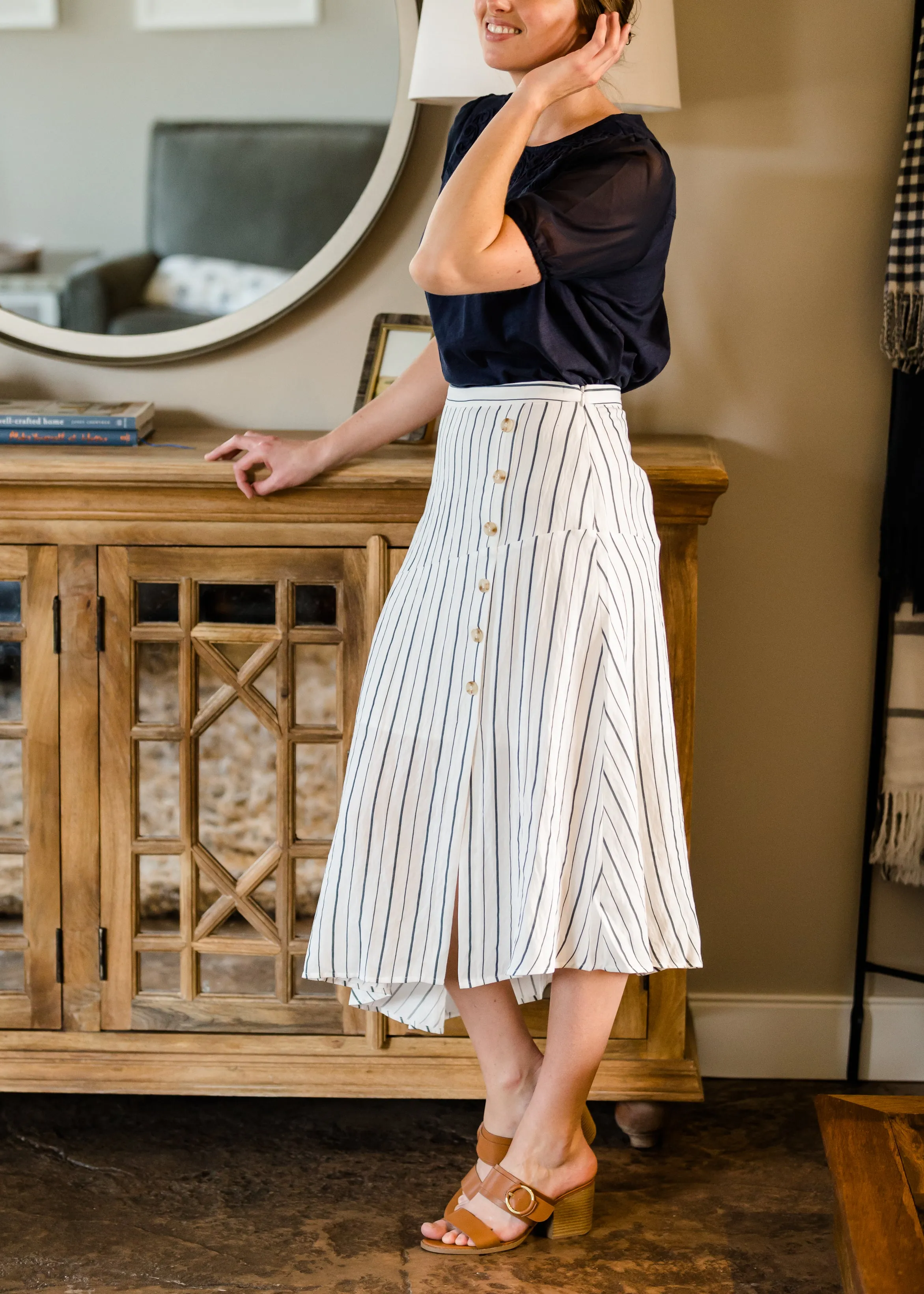 Asymmetrical Button Detail Stripe Midi Skirt