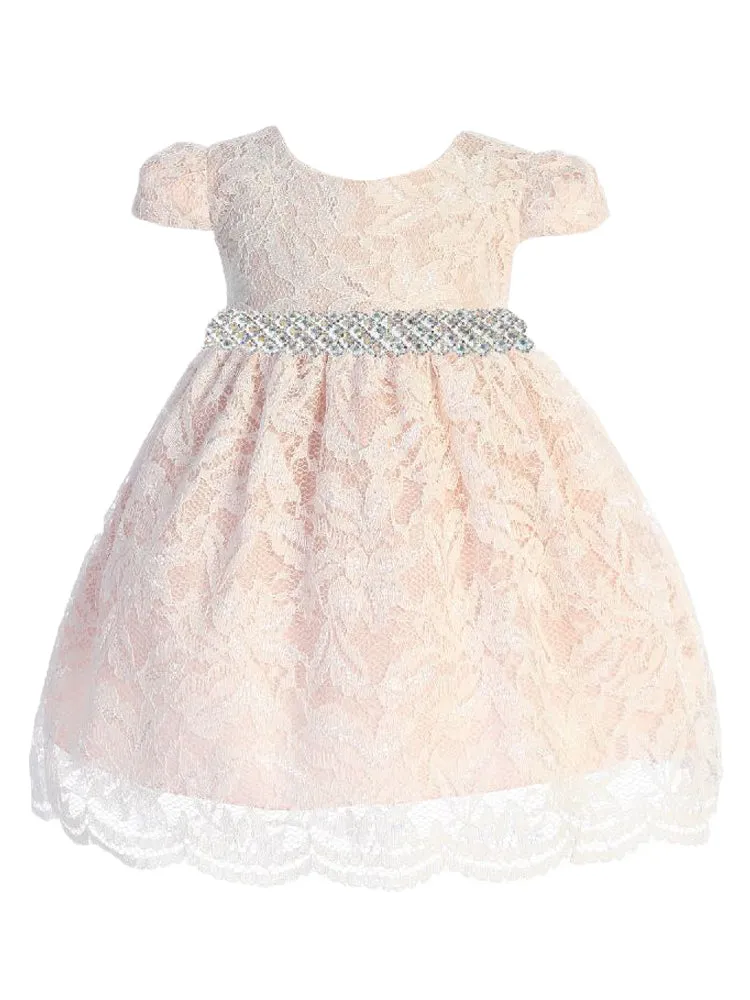 Baby Girls Ivory Blush Lace Thick Rhinestone Trim Flower Girl Dress 3-24 Months