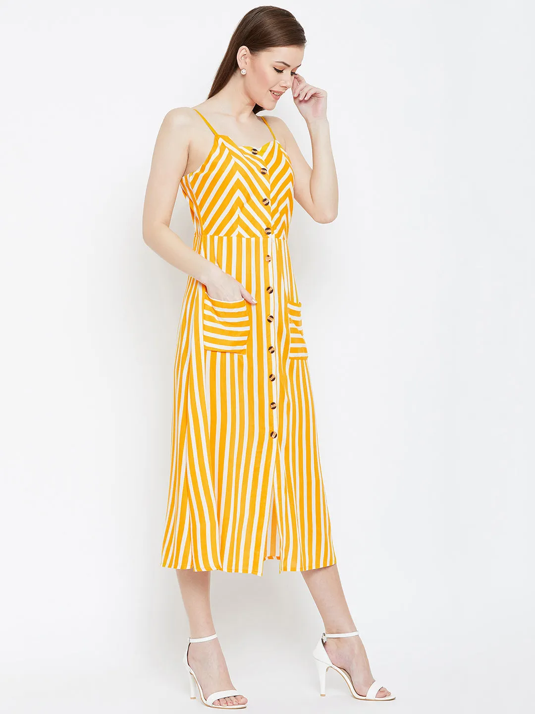 Berrylush Women Yellow & White Striped Pattern Square Neck Fit & Flare Midi Dress