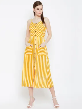 Berrylush Women Yellow & White Striped Pattern Square Neck Fit & Flare Midi Dress