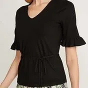 Black 1/2 Sleeve V-Neck Chiffon Frill Top