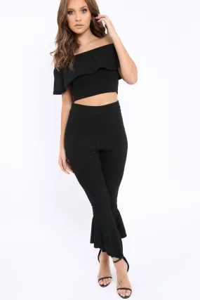 Black Bardot Crop Top And Dip Hem Trousers Co-ord Set - Alexiah