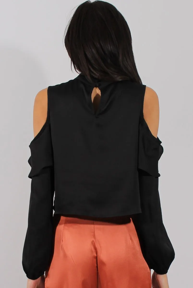 Black Cold Shoulder Frill Layer Top - Lucy