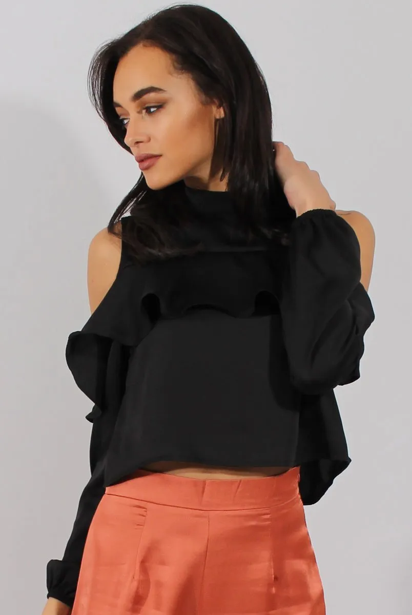 Black Cold Shoulder Frill Layer Top - Lucy