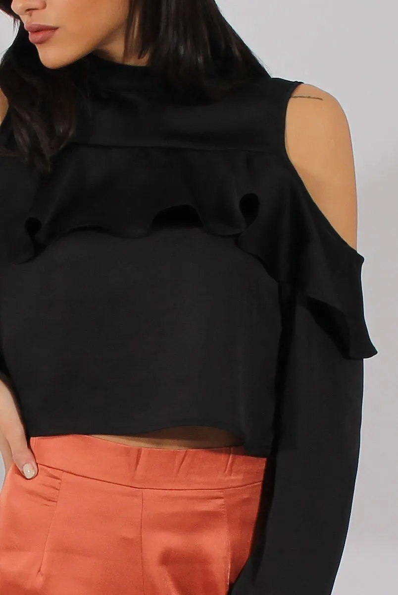 Black Cold Shoulder Frill Layer Top - Lucy