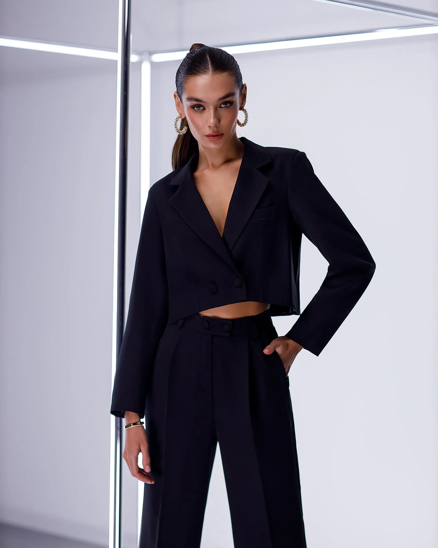 Black Crop Jacket Suit 2-Piece