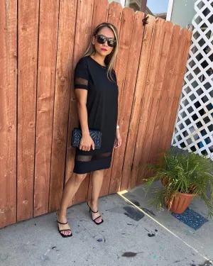 Black Drop Shoulder Mesh Sleeve/Bottom Oversized Dress