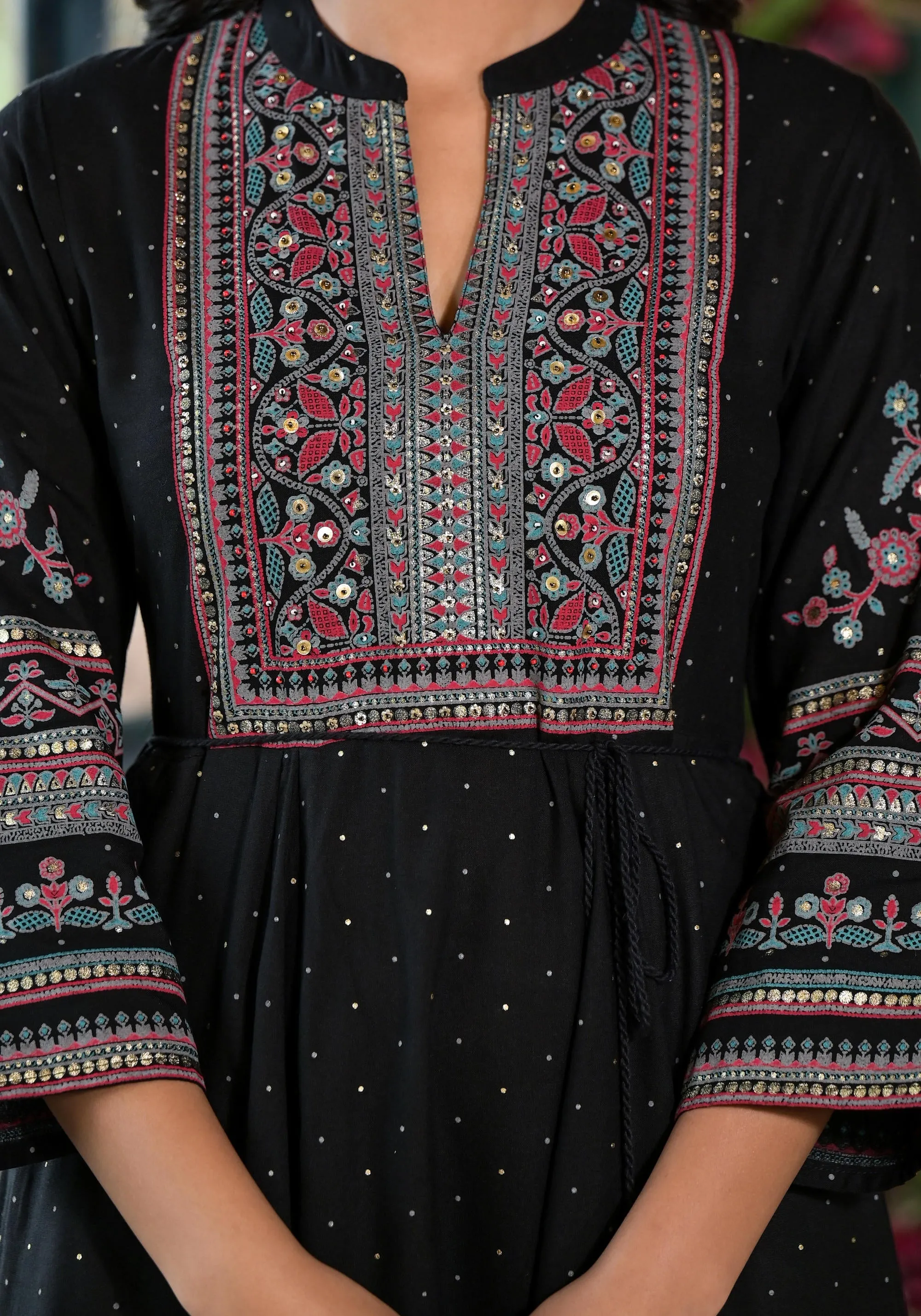 Black Ethnic Motif Printed Liva Rayon Dress With Dori & Sequin