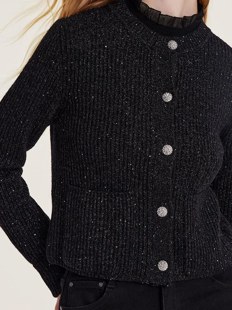 Black Sequins Wool Women Cardigan