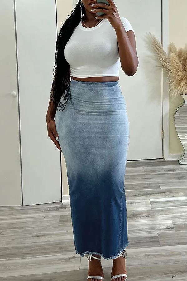 Casual Denim Ombre Split Hem Skirt