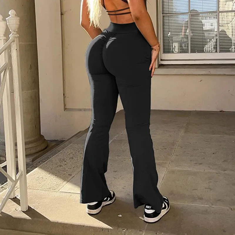 Casual Folds Black Skinny Gym Women Pants Streetwear Basic Flared Trousers High Waist Yoga Sweatpants Elastic Bottoms