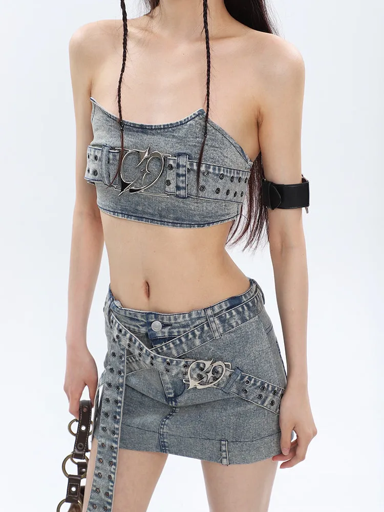 Chrome Denim Heart Belt Bandeau Top   Denim Belt Wrap Mini Skirt   Denim Micro Flare Jeans Pants Matching Set