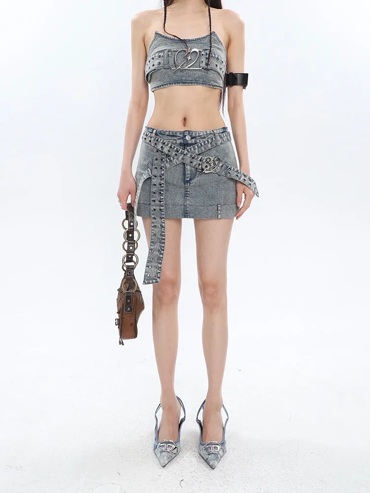 Chrome Denim Heart Belt Bandeau Top   Denim Belt Wrap Mini Skirt   Denim Micro Flare Jeans Pants Matching Set