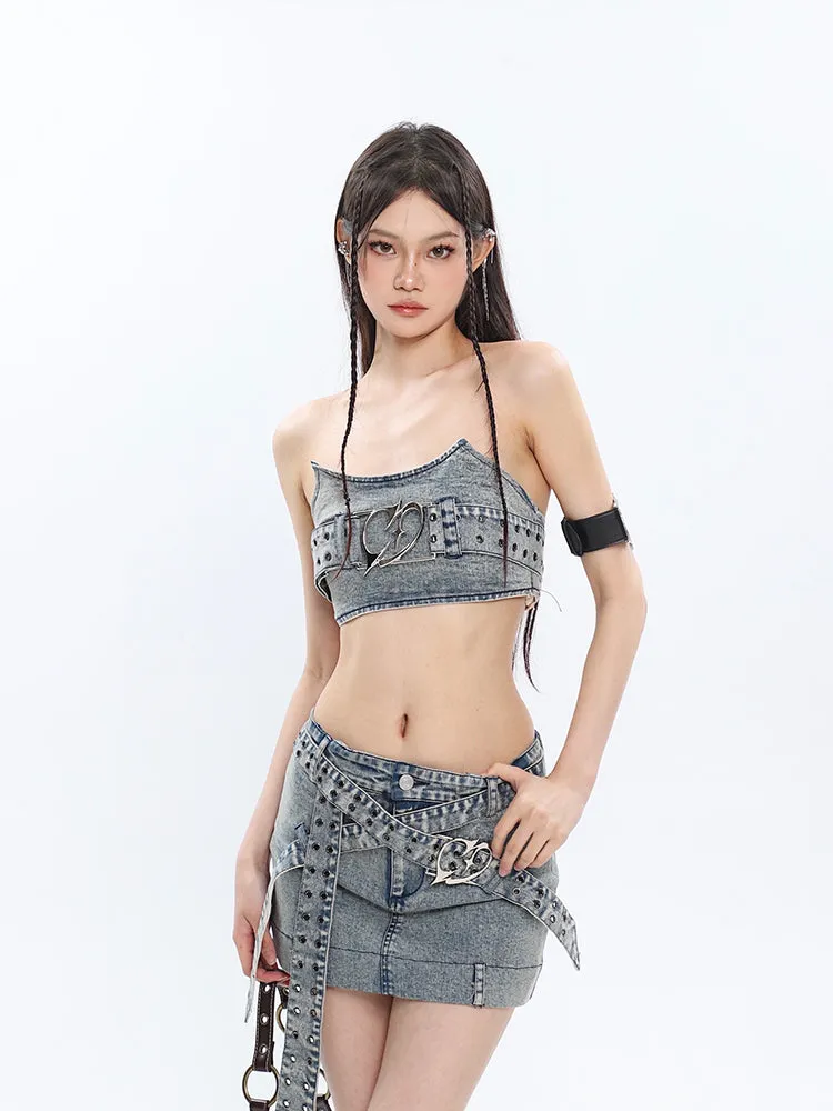 Chrome Denim Heart Belt Bandeau Top   Denim Belt Wrap Mini Skirt   Denim Micro Flare Jeans Pants Matching Set