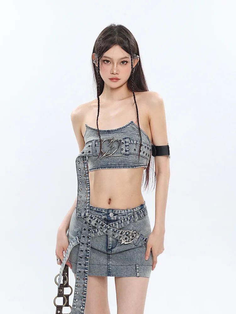 Chrome Denim Heart Belt Bandeau Top   Denim Belt Wrap Mini Skirt   Denim Micro Flare Jeans Pants Matching Set