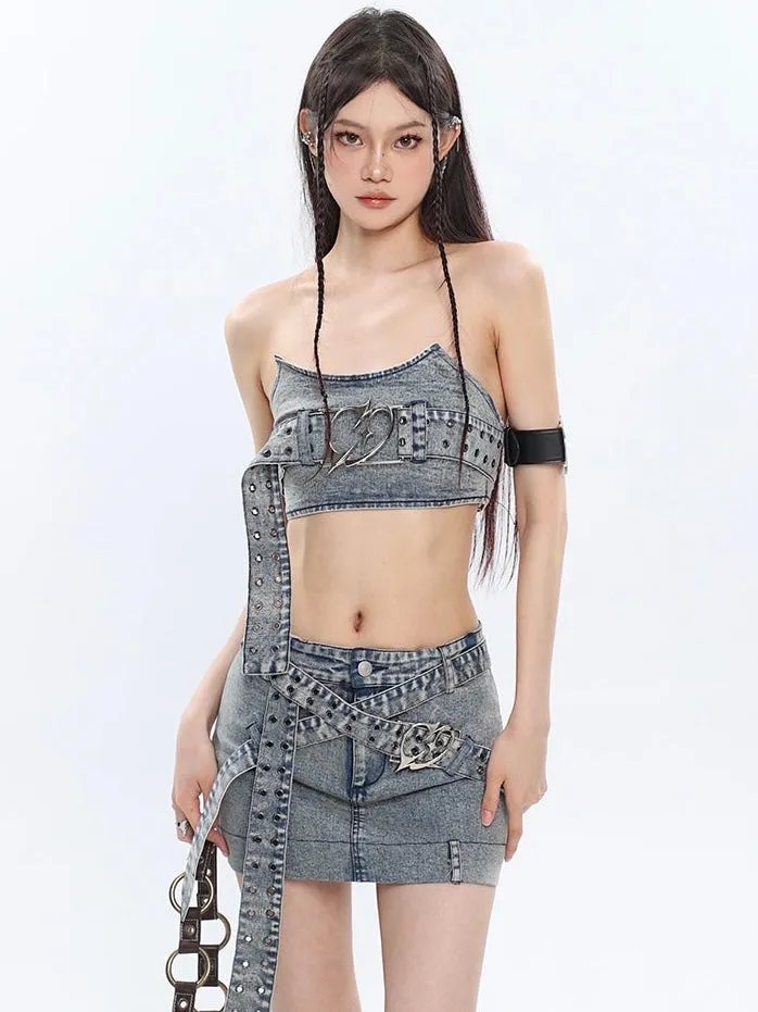 Chrome Denim Heart Belt Bandeau Top   Denim Belt Wrap Mini Skirt   Denim Micro Flare Jeans Pants Matching Set