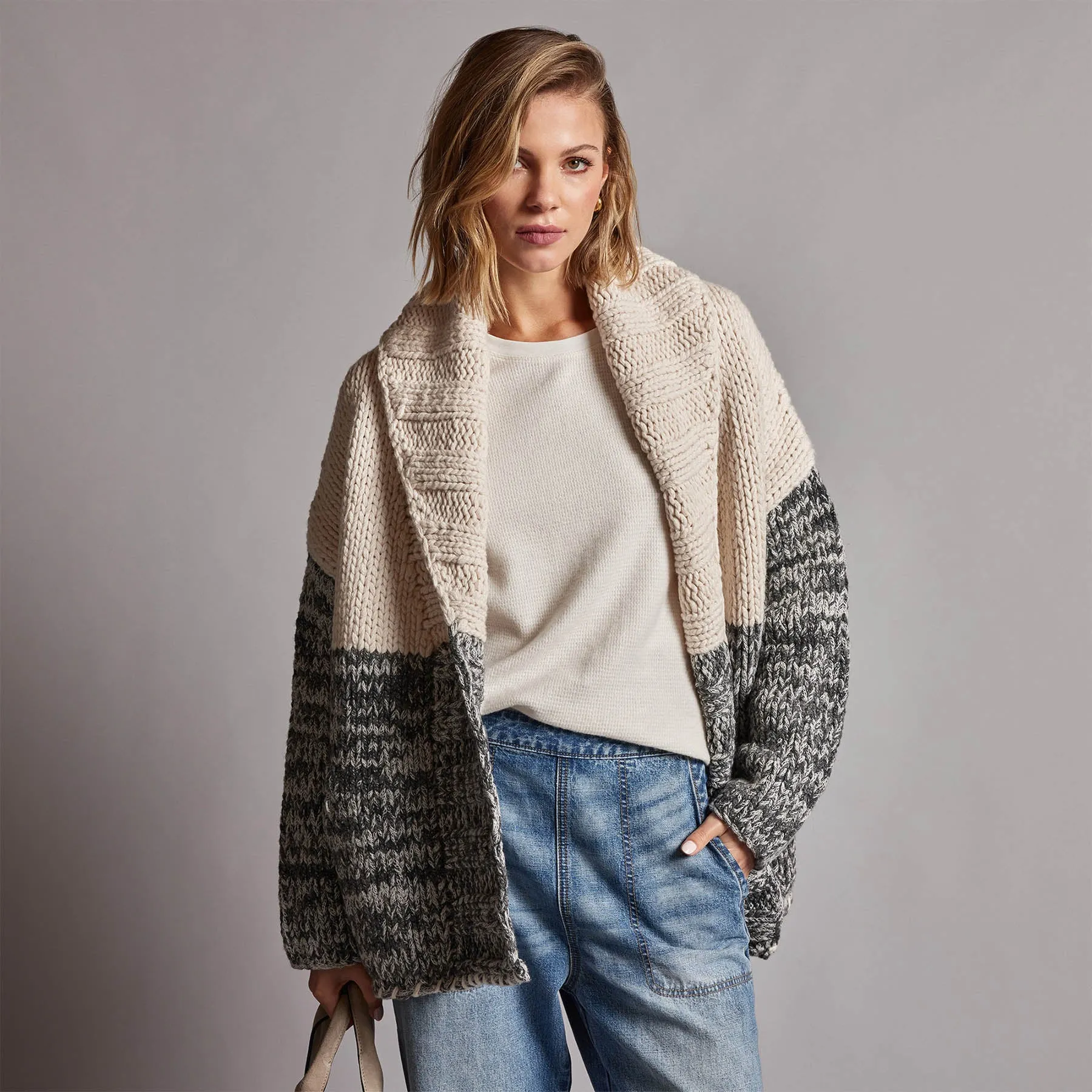 Chunky Knit Cardigan - Ivory/Grey Marl