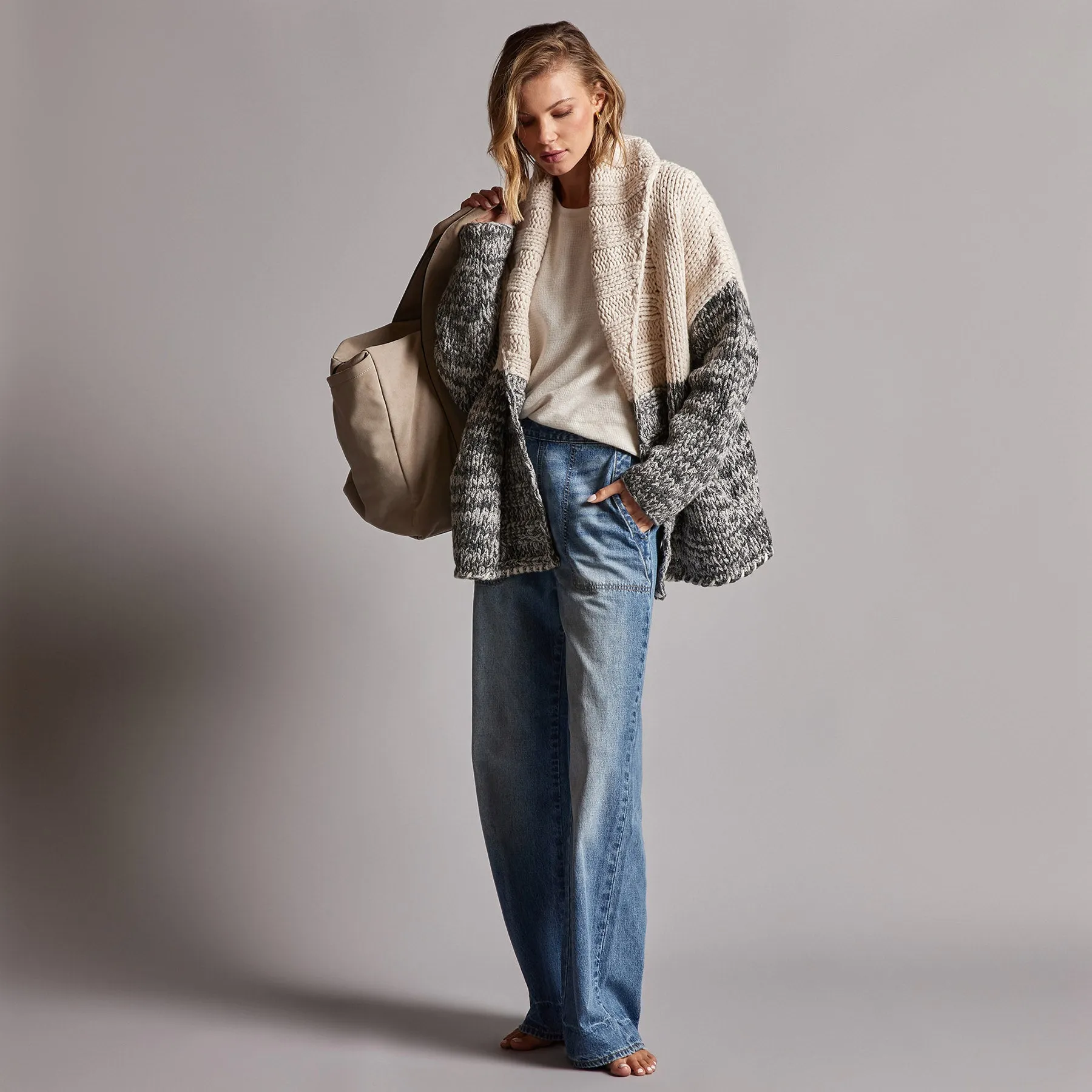 Chunky Knit Cardigan - Ivory/Grey Marl