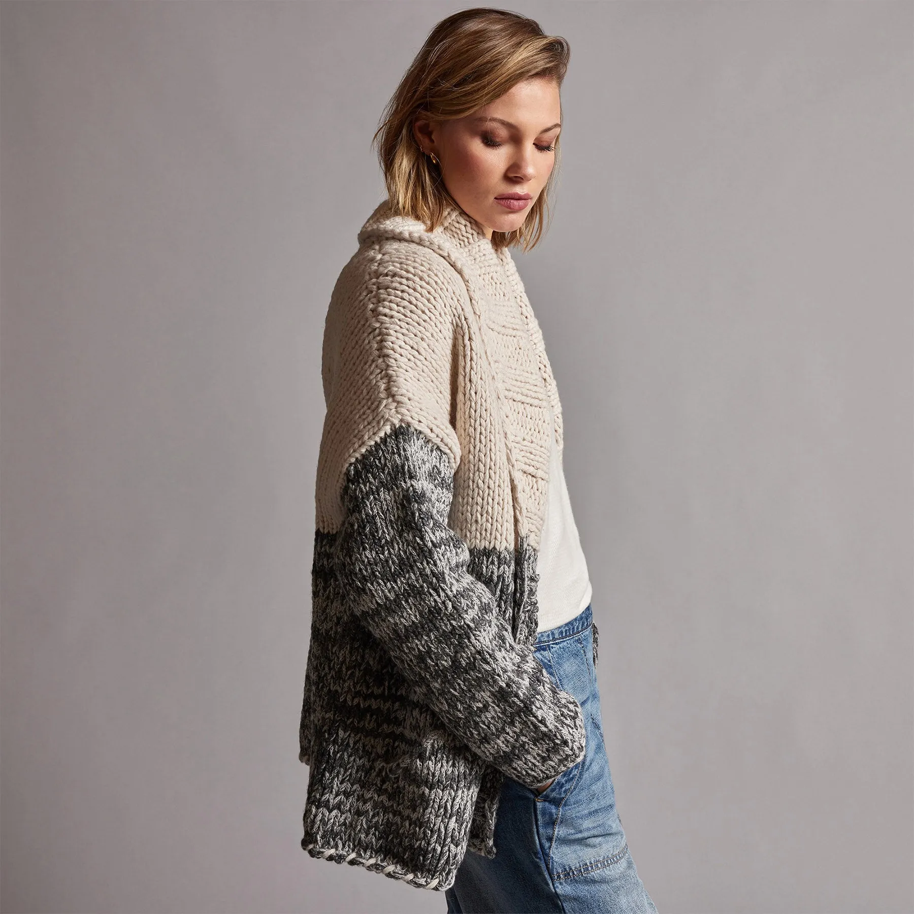 Chunky Knit Cardigan - Ivory/Grey Marl