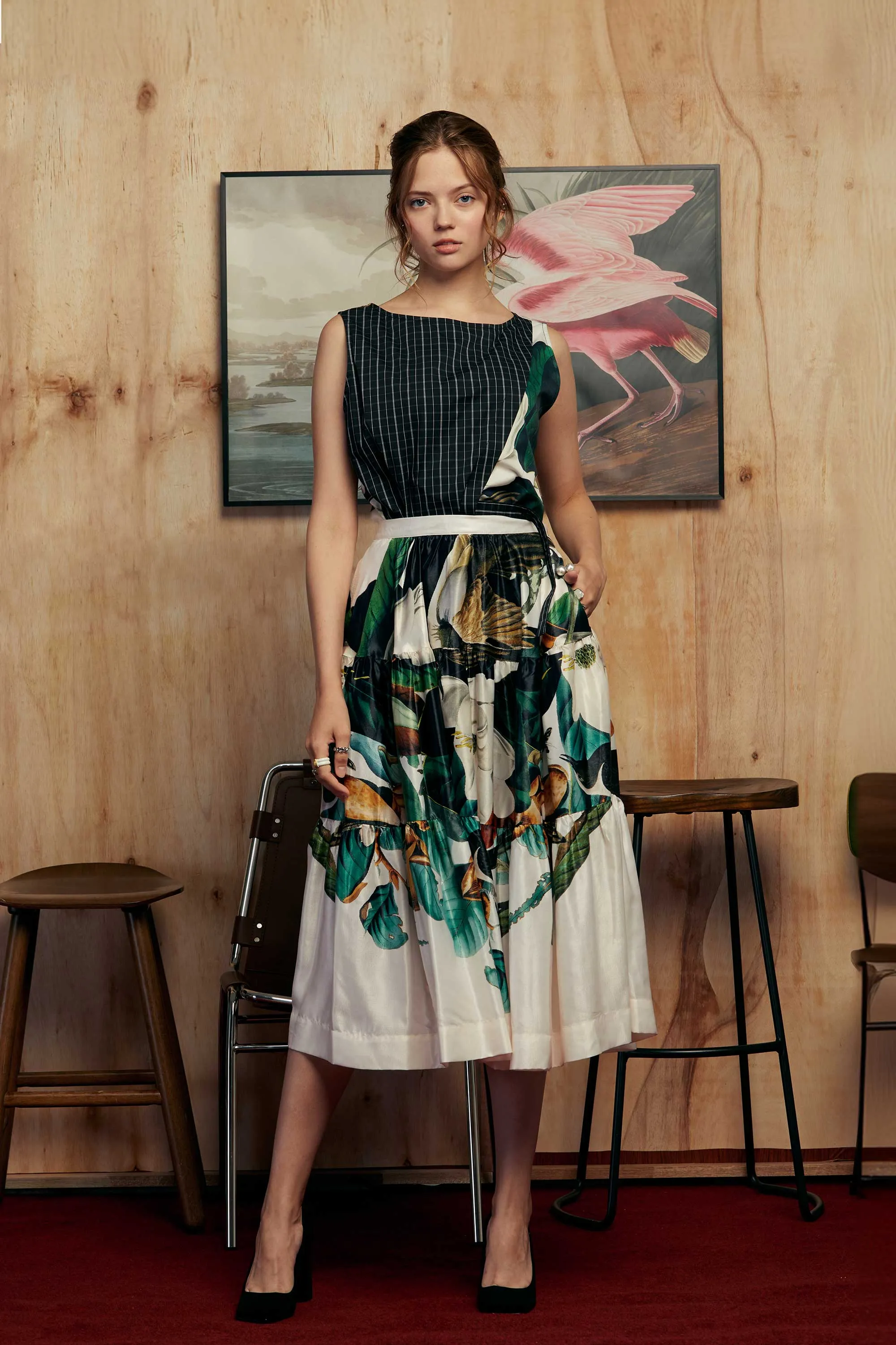 Circle Tiered Midi Skirt (Black-Billed Cuckoo)