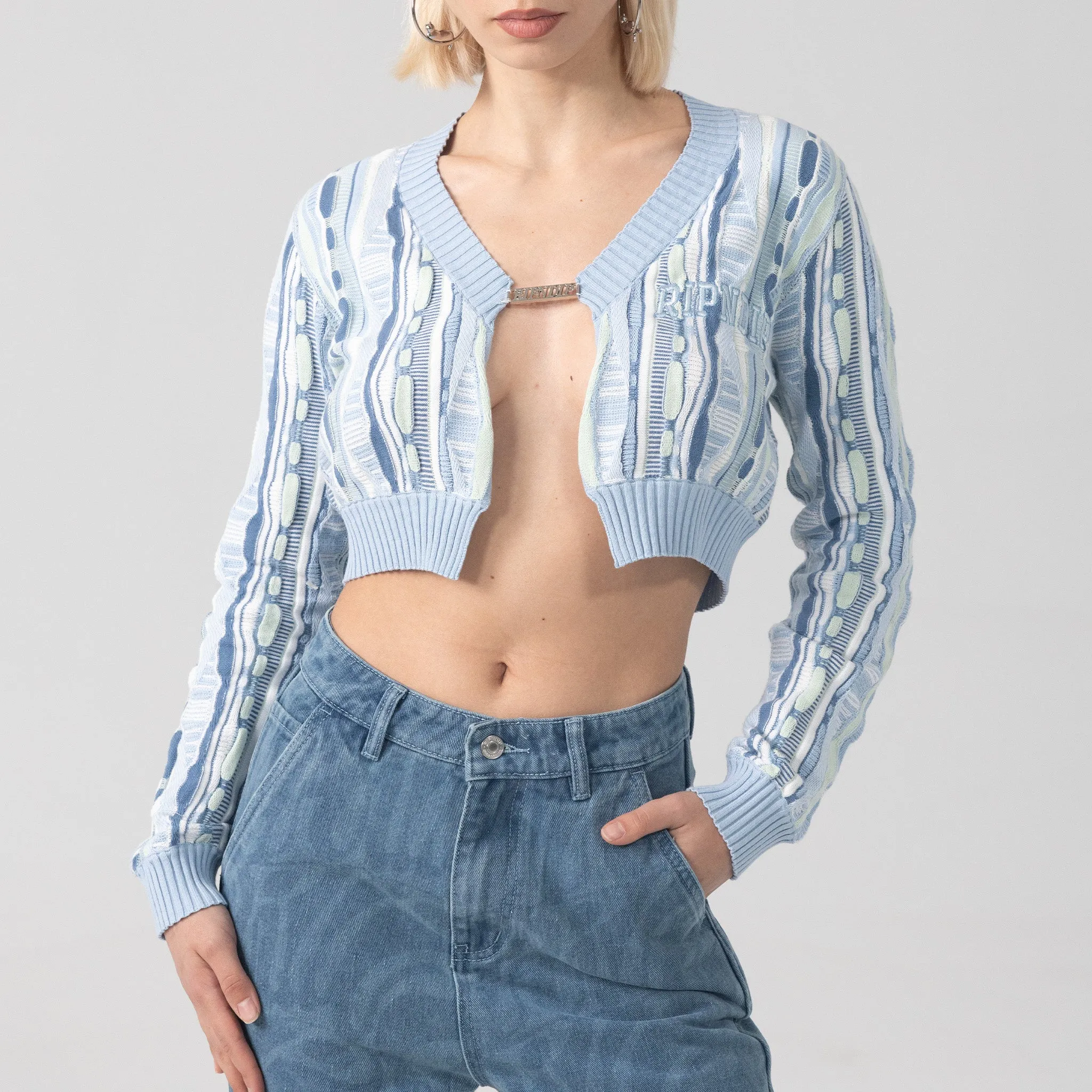 Corded Knit Cropped Long Sleeve (Light Blue)